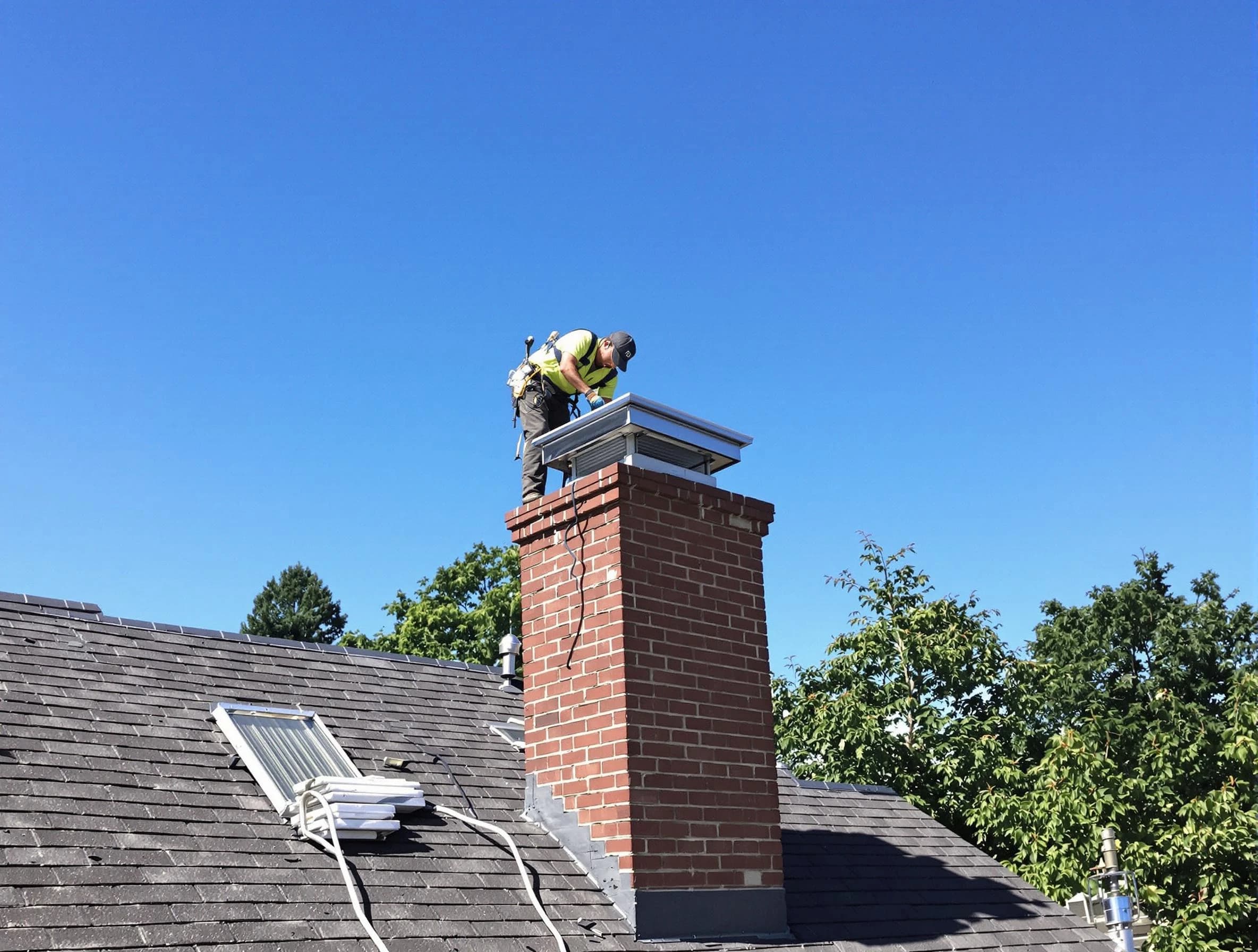 South Jordan Chimney Sweep technician measuring a chimney cap in South Jordan, UT